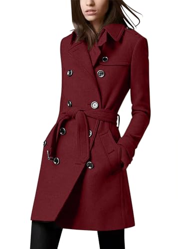 shownicer Damen Mantel Wintercoat Revers Zweireihiger Mantel Knielang Trenchcoat Winter Lang A-Linie Jacke Outwear B Weinrot M von shownicer