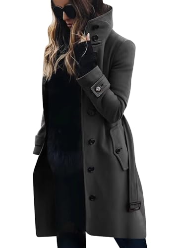 shownicer Damen Mantel Wintercoat Revers Zweireihiger Mantel Knielang Trenchcoat Winter Lang A-Linie Jacke Outwear C Dunkelgrau M von shownicer