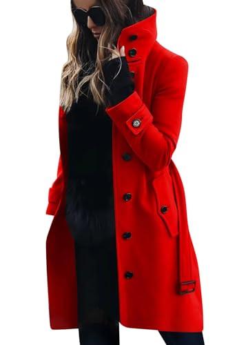 shownicer Damen Mantel Wintercoat Revers Zweireihiger Mantel Knielang Trenchcoat Winter Lang A-Linie Jacke Outwear C Rot S von shownicer