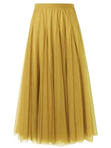 shownicer Damen Maxirock Chiffon Lang Rock Frauen Boho Festlich Freizeitrock Einfarbig Langrock Hochzeit Cocktail Hohe Taille Skirt A Gelb 3XL von shownicer