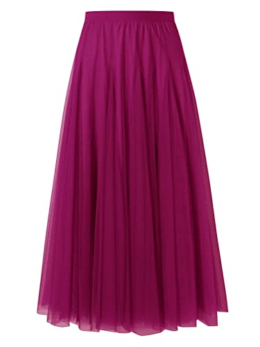 shownicer Damen Maxirock Chiffon Lang Rock Frauen Boho Festlich Freizeitrock Einfarbig Langrock Hochzeit Cocktail Hohe Taille Skirt A Rose Rot 3XL von shownicer