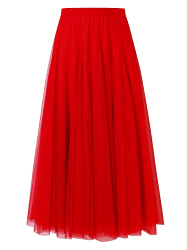 shownicer Damen Maxirock Chiffon Lang Rock Frauen Boho Festlich Freizeitrock Einfarbig Langrock Hochzeit Cocktail Hohe Taille Skirt A Rot 3XL von shownicer