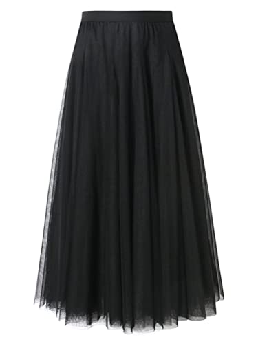 shownicer Damen Maxirock Chiffon Lang Rock Frauen Boho Festlich Freizeitrock Einfarbig Langrock Hochzeit Cocktail Hohe Taille Skirt A Schwarz 3XL von shownicer
