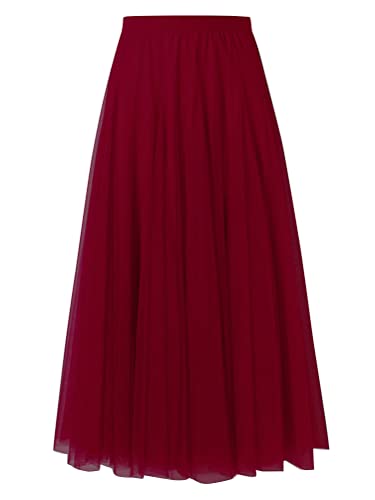 shownicer Damen Maxirock Chiffon Lang Rock Frauen Boho Festlich Freizeitrock Einfarbig Langrock Hochzeit Cocktail Hohe Taille Skirt A Weinrot 3XL von shownicer