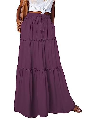 shownicer Damen Maxirock Sommerrock Boho Sommer Rock Leinen Lange Rock Elastische Taille Einfarbig Faltenrock mit Schlitz A Violett S von shownicer