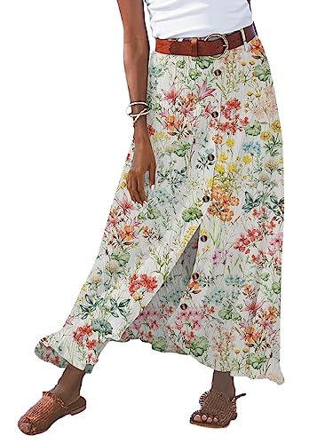 shownicer Damen Maxirock Sommerrock Boho Sommer Rock Leinen Lange Rock Elastische Taille Einfarbig Faltenrock mit Schlitz B Grün02 M von shownicer