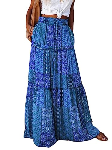 shownicer Damen Maxirock Sommerrock Boho Sommer Rock Leinen Lange Rock Elastische Taille Einfarbig Faltenrock mit Schlitz D Dunkelblau S von shownicer