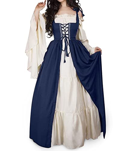 shownicer Damen Mittelalter Kleid Mittelalterliche Vintage Kleid Kostüme Langarm Schnürung Mittelalter Ballkleider Maskerade Retro Halloween Party Cosplay Kostüm Maxikleid A Blau L von shownicer