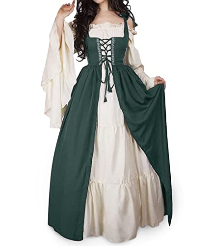 shownicer Damen Mittelalter Kleid Mittelalterliche Vintage Kleid Kostüme Langarm Schnürung Mittelalter Ballkleider Maskerade Retro Halloween Party Cosplay Kostüm Maxikleid A Grün XS von shownicer