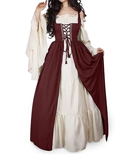 shownicer Damen Mittelalter Kleid Mittelalterliche Vintage Kleid Kostüme Langarm Schnürung Mittelalter Ballkleider Maskerade Retro Halloween Party Cosplay Kostüm Maxikleid A Rot L von shownicer