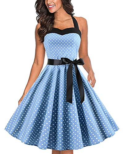 shownicer Damen Neckholder Vintage Retro Rockabilly Kleider Petticoat Faltenrock Cocktail Festliche Kleider A Blau XS von shownicer