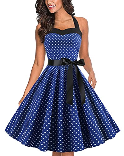 shownicer Damen Neckholder Vintage Retro Rockabilly Kleider Petticoat Faltenrock Cocktail Festliche Kleider A Dunkelblau XS von shownicer