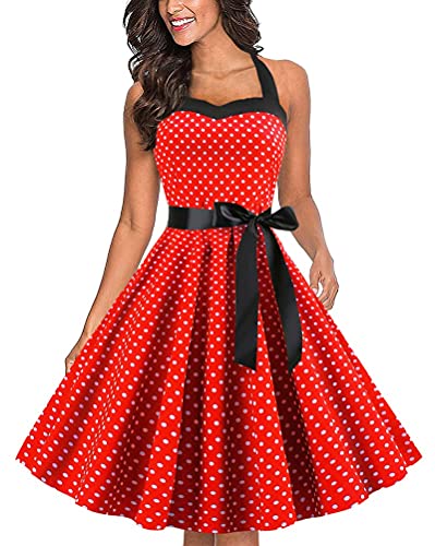 shownicer Damen Neckholder Vintage Retro Rockabilly Kleider Petticoat Faltenrock Cocktail Festliche Kleider A Rot XS von shownicer