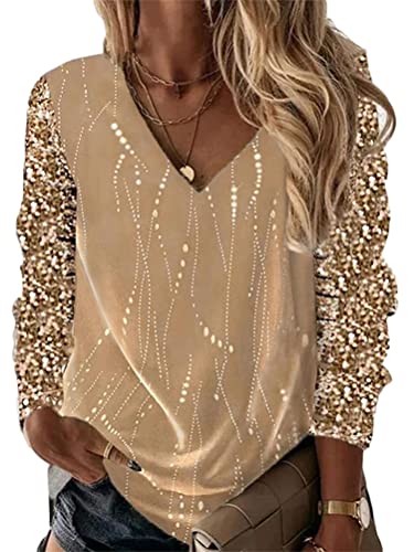 shownicer Damen Oberteile Casual V-Ausschnitt Langarmshirt Elegant Pailletten Print Bluse Lose Pullover Tshirt Casual Tops A Gelb 3XL von shownicer