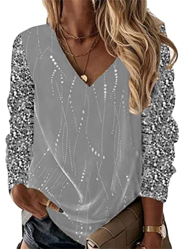 shownicer Damen Oberteile Casual V-Ausschnitt Langarmshirt Elegant Pailletten Print Bluse Lose Pullover Tshirt Casual Tops A Grau M von shownicer