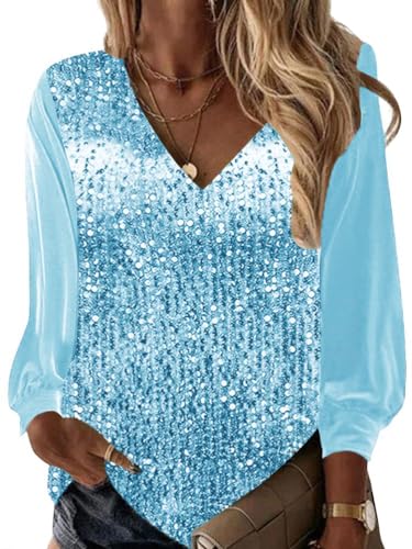 shownicer Damen Oberteile Casual V-Ausschnitt Langarmshirt Elegant Pailletten Print Bluse Lose Pullover Tshirt Casual Tops B Blau 3XL von shownicer