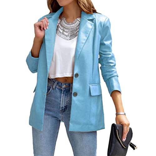 shownicer Damen PU-Leder Blazer Langarm Knopfleiste mit Taschen Blazer Einfarbig Leder Blazer Mantel Casual Herbst Outwear A Blau01 XXL von shownicer