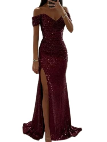 shownicer Damen Pailletten Abendkleid Sexy Schulterfrei Hohe Taille Seitenschlitz Lang Kleid Maxikleid Elegant V-Ausschnitt Cocktailkleid Ballkleider A Rot L von shownicer