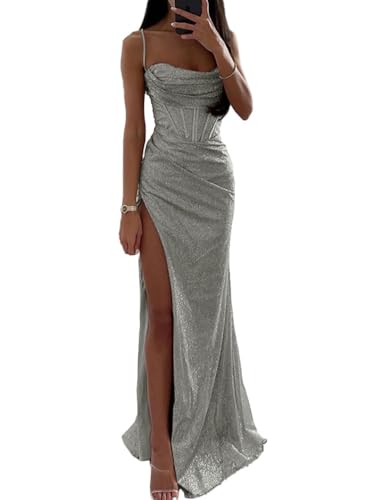 shownicer Damen Pailletten Abendkleid Sexy Schulterfrei Hohe Taille Seitenschlitz Lang Kleid Maxikleid Elegant V-Ausschnitt Cocktailkleid Ballkleider C Silber L von shownicer