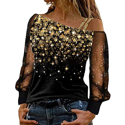 shownicer Damen Pailletten Bedruckte Oberteil Sexy Schulterfrei Oberteile Mode Casual Glitzer Langarm Shirt Lässig Mesh Paillette T-Shirt Tunika Tops A Gold XXL von shownicer