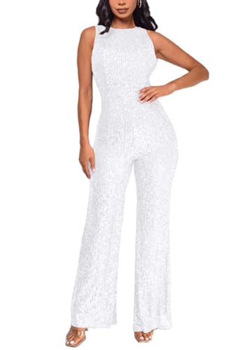 shownicer Damen Pailletten Jumpsuit Elegant Ärmellos Hohe Taille Cocktail Party Festlich Overalls Hosenanzug Playsuit Lang Romper A Silber M von shownicer