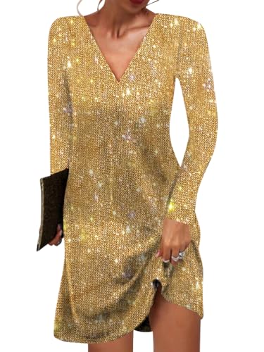 shownicer Damen Pailletten Kleid Sexy V-Ausschnitt Kurz A-Linie Glitzerkleid Elegant Langarm Festlich Party Lose Paillettenkleid Freizeitkleid A Gold XL von shownicer