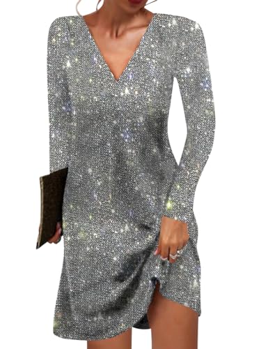 shownicer Damen Pailletten Kleid Sexy V-Ausschnitt Kurz A-Linie Glitzerkleid Elegant Langarm Festlich Party Lose Paillettenkleid Freizeitkleid A Silber M von shownicer