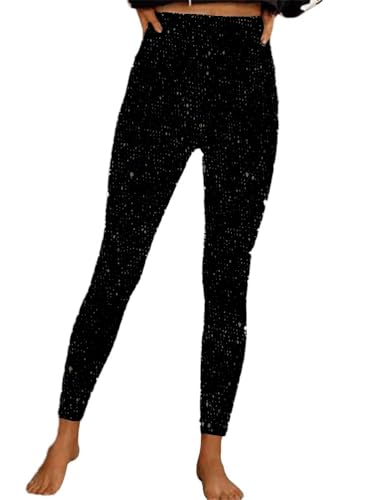 shownicer Damen Pailletten Leggings Elastische Taille High Waist Leggings Paillettenhosen Winter Party Hose Glitzerhosen Streetwear A Schwarz L von shownicer