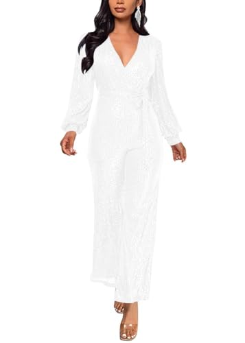 shownicer Damen Pailletten Overall Langarm V-Ausschnitt Glitzer Strampler Lockere Hose Party Einteiler Lang Jumpsuit Elegant Playsuit Romper A Weiß 3XL von shownicer