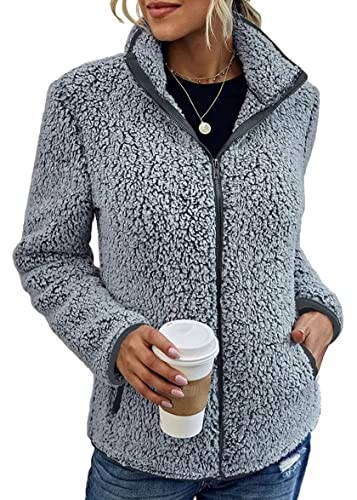 shownicer Damen Plüsch Jacke Langarm Fleece Mantel Herbst Winter Warm Stehkragen Übergangsjacke mit Taschen Casuale Zip Cardigan Outwear A Grau XL von shownicer