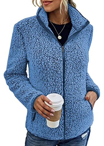 shownicer Damen Plüsch Jacke Langarm Fleece Mantel Herbst Winter Warm Stehkragen Übergangsjacke mit Taschen Casuale Zip Cardigan Outwear A Hellblau XXL von shownicer