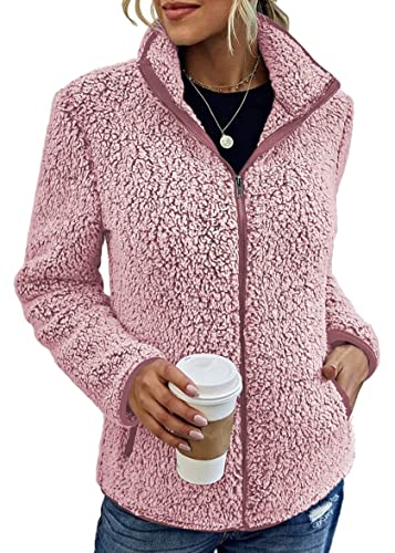 shownicer Damen Plüsch Jacke Langarm Fleece Mantel Herbst Winter Warm Stehkragen Übergangsjacke mit Taschen Casuale Zip Cardigan Outwear A Rosa L von shownicer