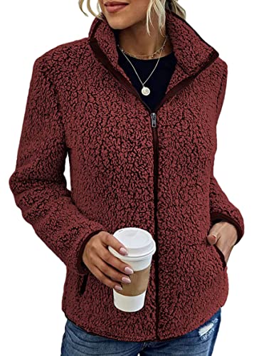 shownicer Damen Plüsch Jacke Langarm Fleece Mantel Herbst Winter Warm Stehkragen Übergangsjacke mit Taschen Casuale Zip Cardigan Outwear A Rot M von shownicer