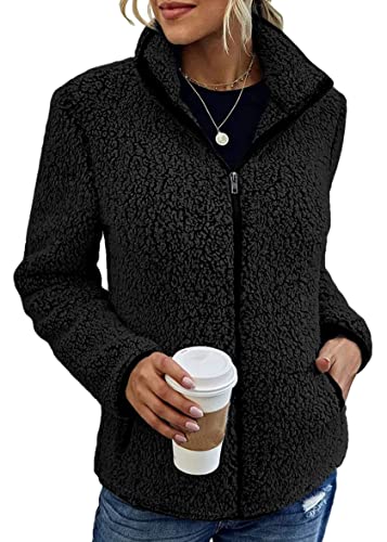 shownicer Damen Plüsch Jacke Langarm Fleece Mantel Herbst Winter Warm Stehkragen Übergangsjacke mit Taschen Casuale Zip Cardigan Outwear A Schwarz L von shownicer