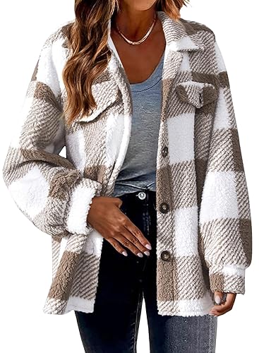 shownicer Damen Plüschjacke Kariert Gefütterte Fleece Jacke Winterjacke Plaid Mantel Reißverschluss Herbst Winter Warme Outwear Mit Kapuze Taschen A Khaki S von shownicer