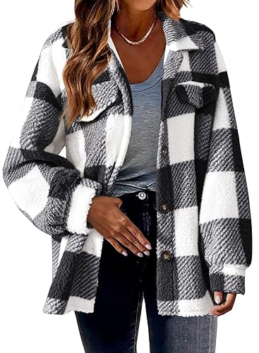 shownicer Damen Plüschjacke Kariert Gefütterte Fleece Jacke Winterjacke Plaid Mantel Reißverschluss Herbst Winter Warme Outwear Mit Kapuze Taschen A Schwarz L von shownicer