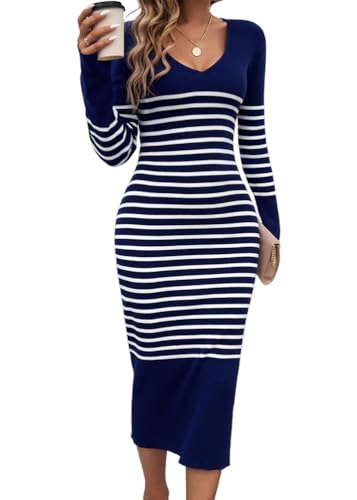 shownicer Damen Pullikleid Strickkleid Midi Kleider Freizeitkleid Lässig Herbst Winter Gestricktes Kleid Lang Pulloverkleid B Marine M von shownicer