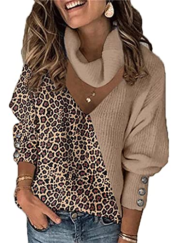 shownicer Damen Pullover Fashion Leopard Print Patchwork Strickoberteile Tunika V Ausschnitt Rollkragen Hemd mit hängendem Hals Langärmlige Locker Geschnittene Bluse Herbst Sweatshirt A Khaki XL von shownicer