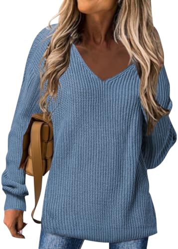 shownicer Damen Pullover V-Ausschnitt Casual Sweater Weich Rippstrick Lässige Strickpullover Langarmshirt Oberteile Tunika Tops A Hellblau L von shownicer