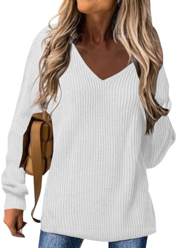 shownicer Damen Pullover V-Ausschnitt Casual Sweater Weich Rippstrick Lässige Strickpullover Langarmshirt Oberteile Tunika Tops A Weiß L von shownicer