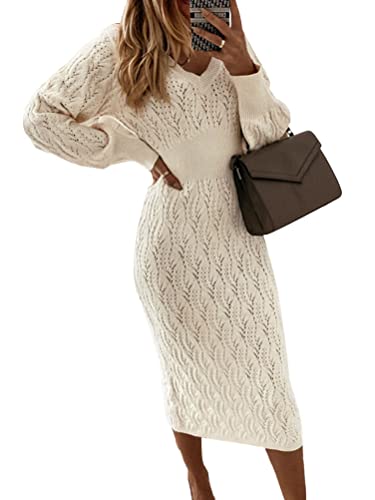 shownicer Damen PulloverKleid Einfarbig Hüftkleid Langarm Strickkleider Elegant Warmer Pullover Kleider Bodycon Pullikleid A Aprikose L von shownicer