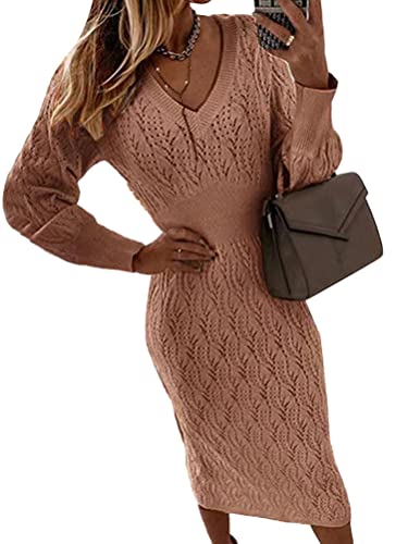 shownicer Damen PulloverKleid Einfarbig Hüftkleid Langarm Strickkleider Elegant Warmer Pullover Kleider Bodycon Pullikleid A Braun M von shownicer