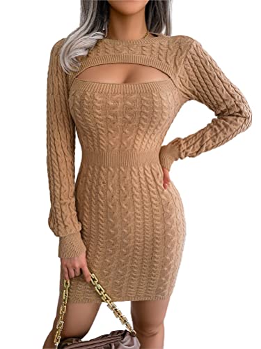 shownicer Damen PulloverKleid Einfarbig Hüftkleid Langarm Strickkleider Elegant Warmer Pullover Kleider Bodycon Pullikleid B Khaki L von shownicer