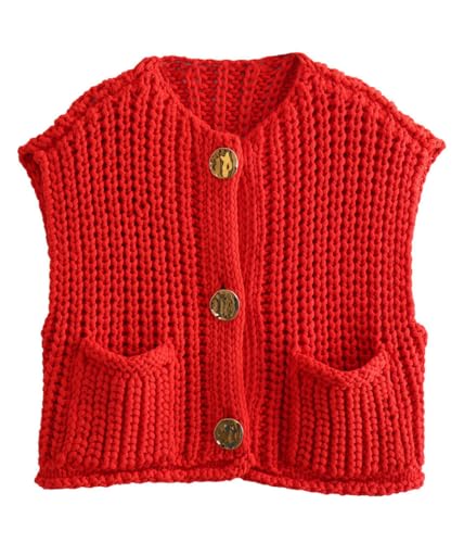 shownicer Damen Pullunder Ärmelloses Basic Strick mit Stehkragen Loose Fit Strickweste Strickpullunder Tank Top A Rot L von shownicer