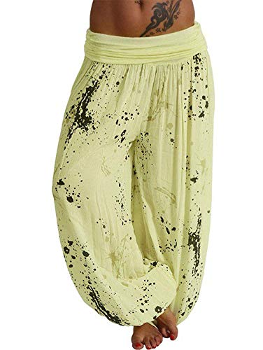 shownicer Damen Pumphose Haremshose Blumenmuster Sommer Boho Baggy Hose Ballonhose Pluderhose Yogahose Aladinhose Harem Stil mit Elastischen A Gelb 3XL von shownicer