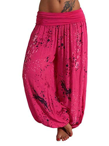 shownicer Damen Pumphose Haremshose Blumenmuster Sommer Boho Baggy Hose Ballonhose Pluderhose Yogahose Aladinhose Harem Stil mit Elastischen A Rosa M von shownicer