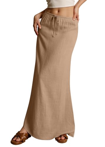 shownicer Damen Retro Langrock Elastische Taille Maxirock Baumwolle Leinen Rock Sommerrock A Dunkelkhaki M von shownicer