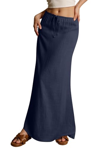 shownicer Damen Retro Langrock Elastische Taille Maxirock Baumwolle Leinen Rock Sommerrock A Marine M von shownicer