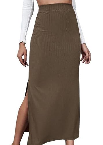 shownicer Damen Rock Elegant Maxirock Rockabilly Vintage Retro Röcke mit Schlitz Casual Freizeitrock Lang Hohe Taille Skirt Partyrock A Kaffee S von shownicer