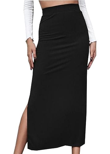 shownicer Damen Rock Elegant Maxirock Rockabilly Vintage Retro Röcke mit Schlitz Casual Freizeitrock Lang Hohe Taille Skirt Partyrock A Schwarz L von shownicer